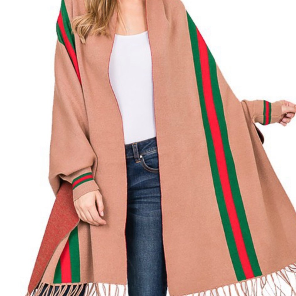 Poncho Tan with Red and Green Stripes
